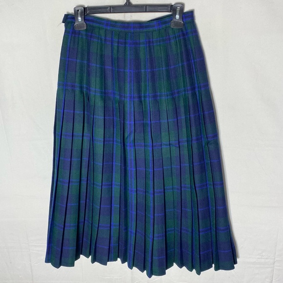 Vintage Bianca Green Blue Plaid Pleated Wool Midi Skirt M - Picture 13 of 14